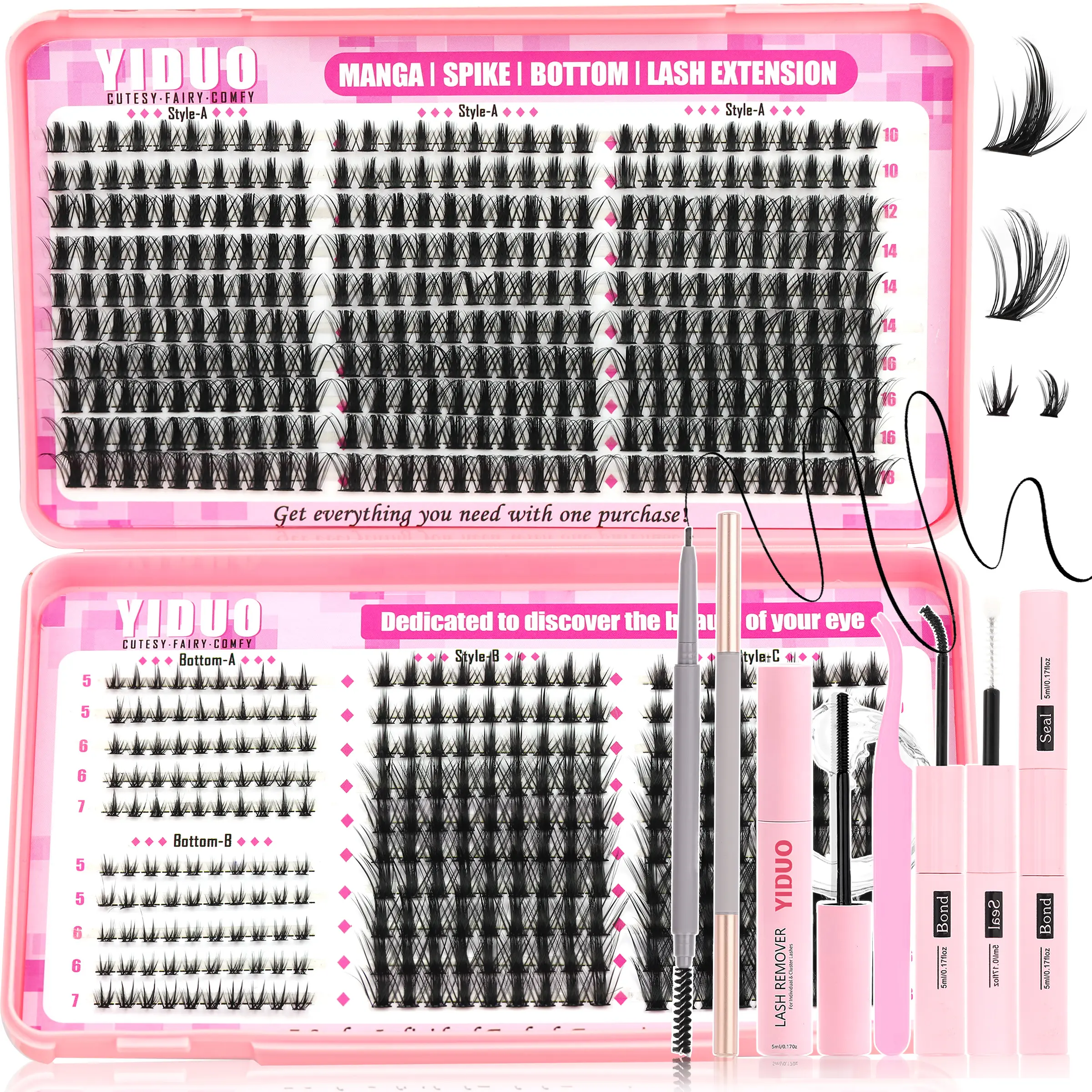 580 Pcs Lash Cluster Kit 5 Styles Full Fairy+Bottom-A/B+100D Eyelash Extensions 10-18mm Soft & Lightweight Diy Lash Clusters with Double-ended Eyebrow Pencil, Bond and Seal Kit, Easy Diy Eyelashes