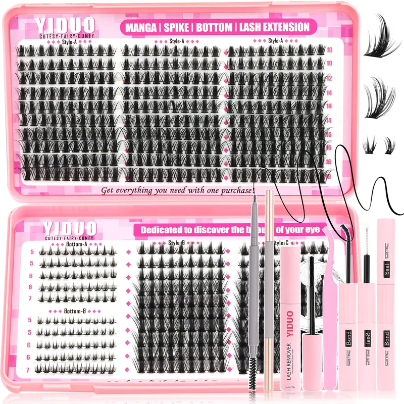 580 Pcs Lash Cluster Kit 5 Styles Full Fairy+Bottom-A/B+100D Eyelash Extensions 10-18mm Soft & Lightweight Diy Lash Clusters with Double-ended Eyebrow Pencil, Bond and Seal Kit, Easy Diy Eyelashes Diy False Eyelashes
