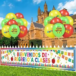 Spanish Back-To-School Theme Banner, Pencil Star Trophy Fruit Pattern, Durable Polyester, 13.78x70.8 Inches, Ideal Party Decoration