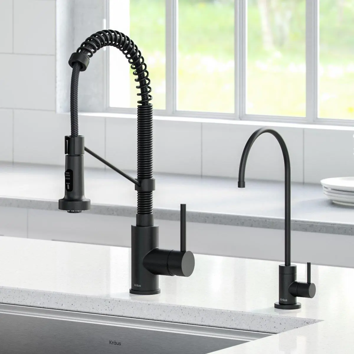 Kraus Bolden Industrial High-Arc Spout Pull-Down Kitchen Faucet & Purita Water Filtration Faucet Combo - Matte Black, 11 lbs, 18 in Compact Height, Bacteria & Heavy Metals Free, Solid Brass, Drinking Water Dispenser On Demand, Compact 18 Height