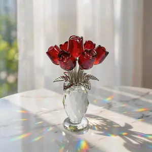 Ruby Red Crystal Rose (5.7") with Vase - K9 Forever Flower Gift, Graduation Keepsake for Her, Romantic Anniversary & Mother's Day, Elegant Desk Decor