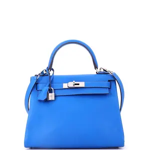 Pre-owned HERMÈS Leather Top Handle Bags Hermes Kelly Handbag Bleu Hydra Evercolor with Palladium Hardware 28 by Rebag
