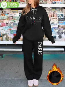 100% cotton clothing, "PARIS" French Paris letter print a set of solid color plus velvet casual sports hoodie and sweatpants two-piece set, retro autumn and winter women's hooded sweatshirt set