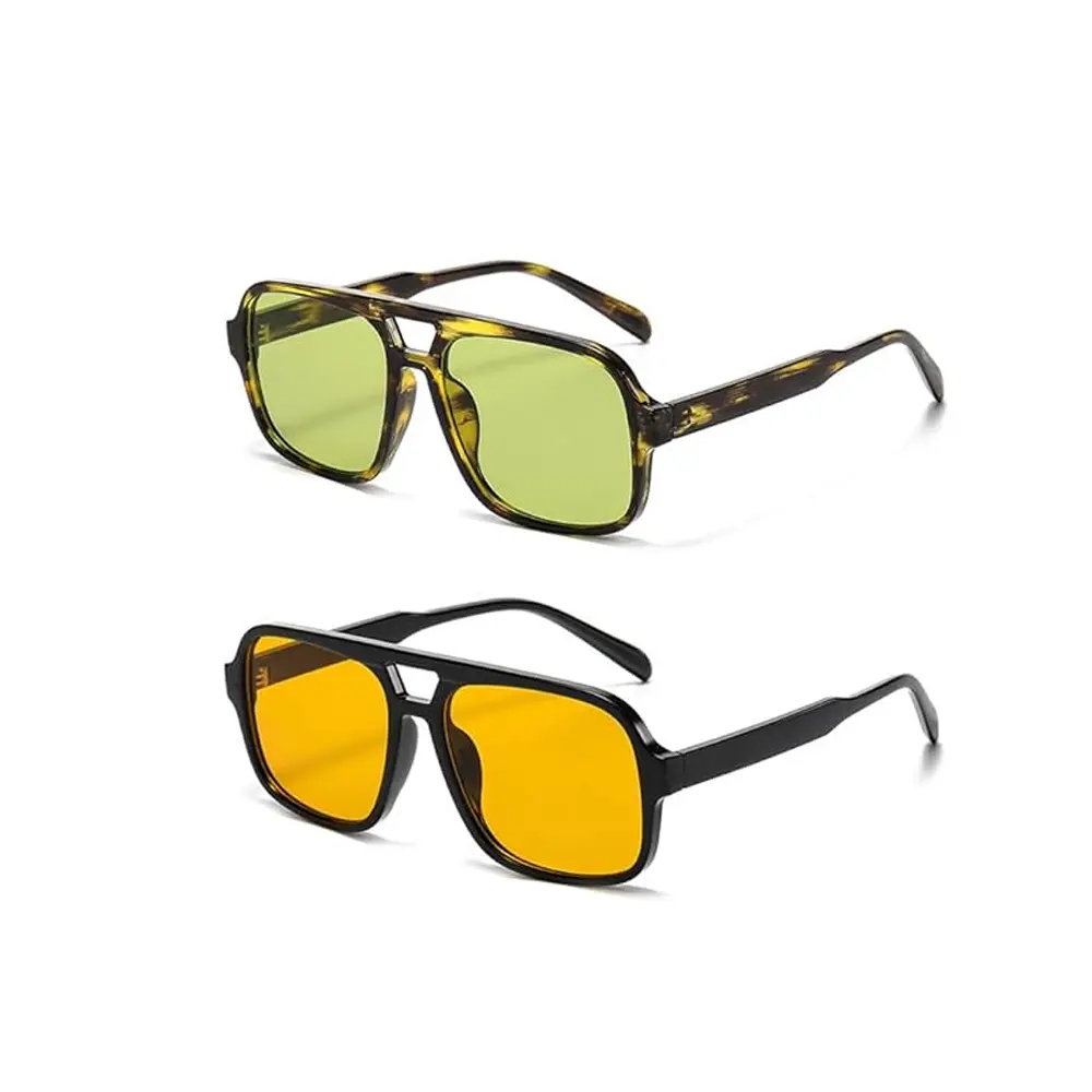 Classic Retro 70s Square Sunglasses, Unisex Vintage Green Lens Shades, Trendy Fashion Eyewear for Men Women, Stylish Street Style Glasses Perfect for Outdoor Travel Daily Casual & Party Holiday Wear