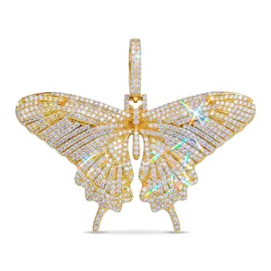 LUXFINE Iced Out Butterfly Pendant,Solid Metal with Cubic Zirconia, Gold Plated Hip Hop Bling Charm Necklace for Men Women