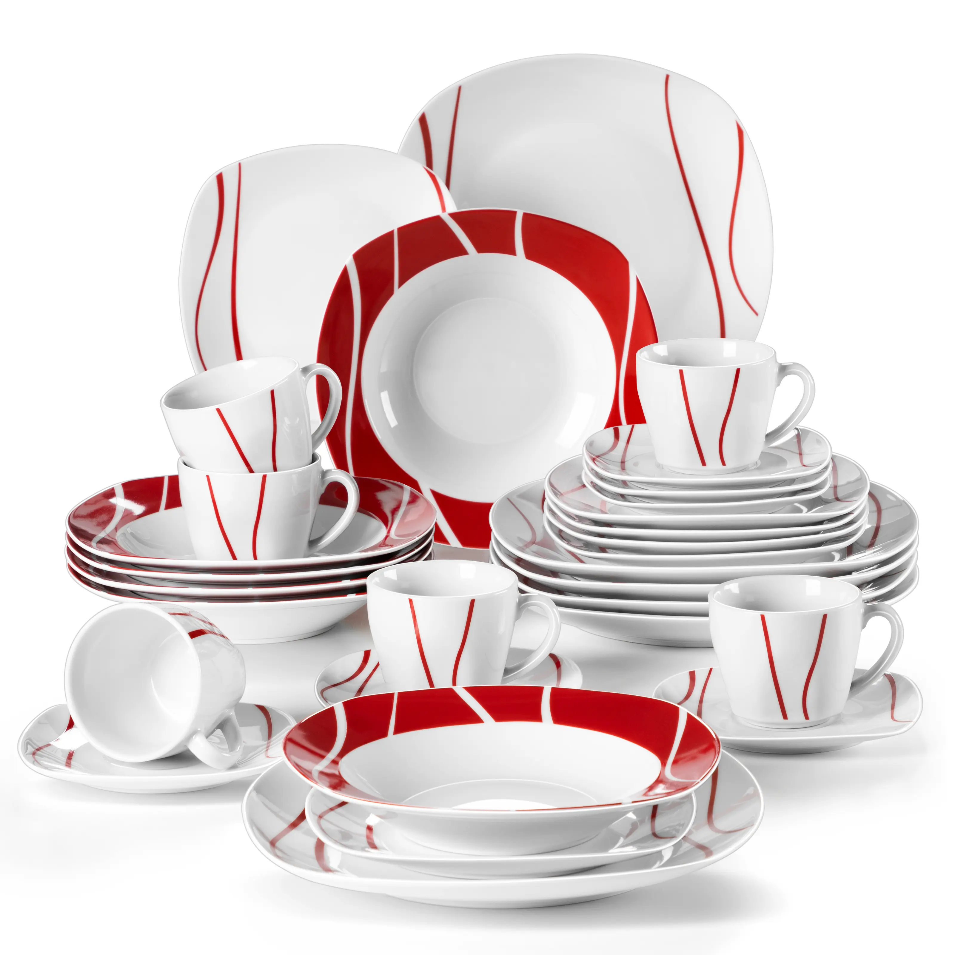 MALACASA Fiesta Dinnerware Sets, 30-Piece Porcelain Square Dishes, Modern Dish Set for 6 - Plates and Bowls Sets, Cups and Saucers Set - Series FELISA Winter Holiday summerwins