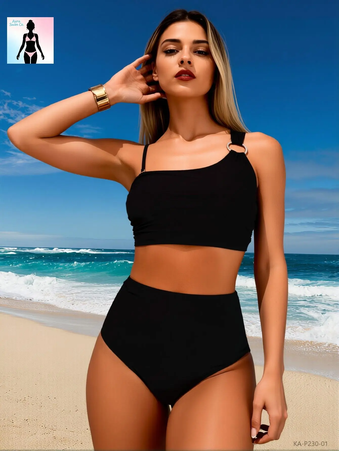 Aura Swim Women's Solid 1-Shoulder 2-Piece Bikini Set - 2026 Trending High-Waisted Tummy Control Bathing Suit with U-Ring Detail, High-Stretch Opaque Fabric for Pool Party, Swimsuits Tummy Control, High Waisted Bottoms