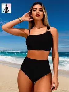 2026 Solid One Shoulder Bikini Set High-Waisted Two-Piece Swimsuit with U-Ring Detail, Adjustable Straps, and Tummy Control. Elegant Flattering Full-Coverage Beachwear for Women – Plus Size/Curvy Friendly, Ideal for Spring Break and Summer Pool Parties