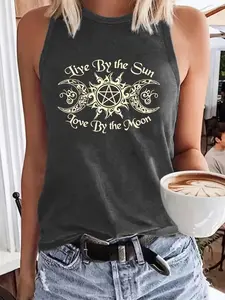 Women's Wiccan Sun & Moon Print Round Neck Tank Top, Casual Loose Sleeveless Graphic Top for Summer, Ladies Clothes for Daily Wear, Casual Everyday Wear, Socks, Womenswear
