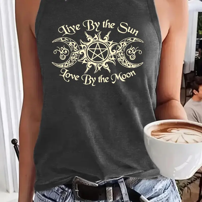 Women's Wiccan Sun & Moon Print Round Neck, Casual Loose Sleeveless Graphic Top, Casual Comfy Camisole for Summer, Ladies Clothes for Daily Wear, Casual Everyday Wear, Socks, Womenswear