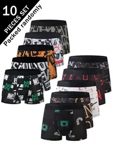 Men's Trendy Colorblock Print Boxer Briefs, High Stretch Skin-Friendly Fabric, Unique Graffiti Letter Pattern, Comfortable Sports Trunks, Set