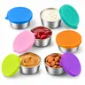 [6 Pack] 1.6 oz Small Stainless Steel Food Storage Containers - Reusable Leak-Proof Dustproof Salad Dressing To Go Jars with Detachable Colorful Rubber Lids, Multipurpose Kitchen Gadget for Cold Lunch, Camping