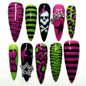 Y2K Neon Rebel Press On Nails, Hot Pink & Acid Green Mix, Zebra and Leopard Pattern, Skull Graphic, Chrome Star Charm, Punk Pop Handmade Press On Nails, Bold Statement Club Style, Festival Party Nails, Gifts for Her