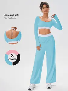 Two piece set women's yoga set with long sleeves and adjustable neck straps soft and comfortable thumb hole wide leg pants with pockets suitable for Pilates gym exercise training outdoor running exercise set