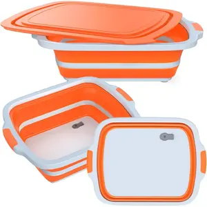 2-Pack XL Collapsible BBQ Prep Tub with Built-In  Board, Lid & Strainer - Marinate, Drain & Prep - Large -Safe Container -  for Grilling,  & Outdoor Cooking