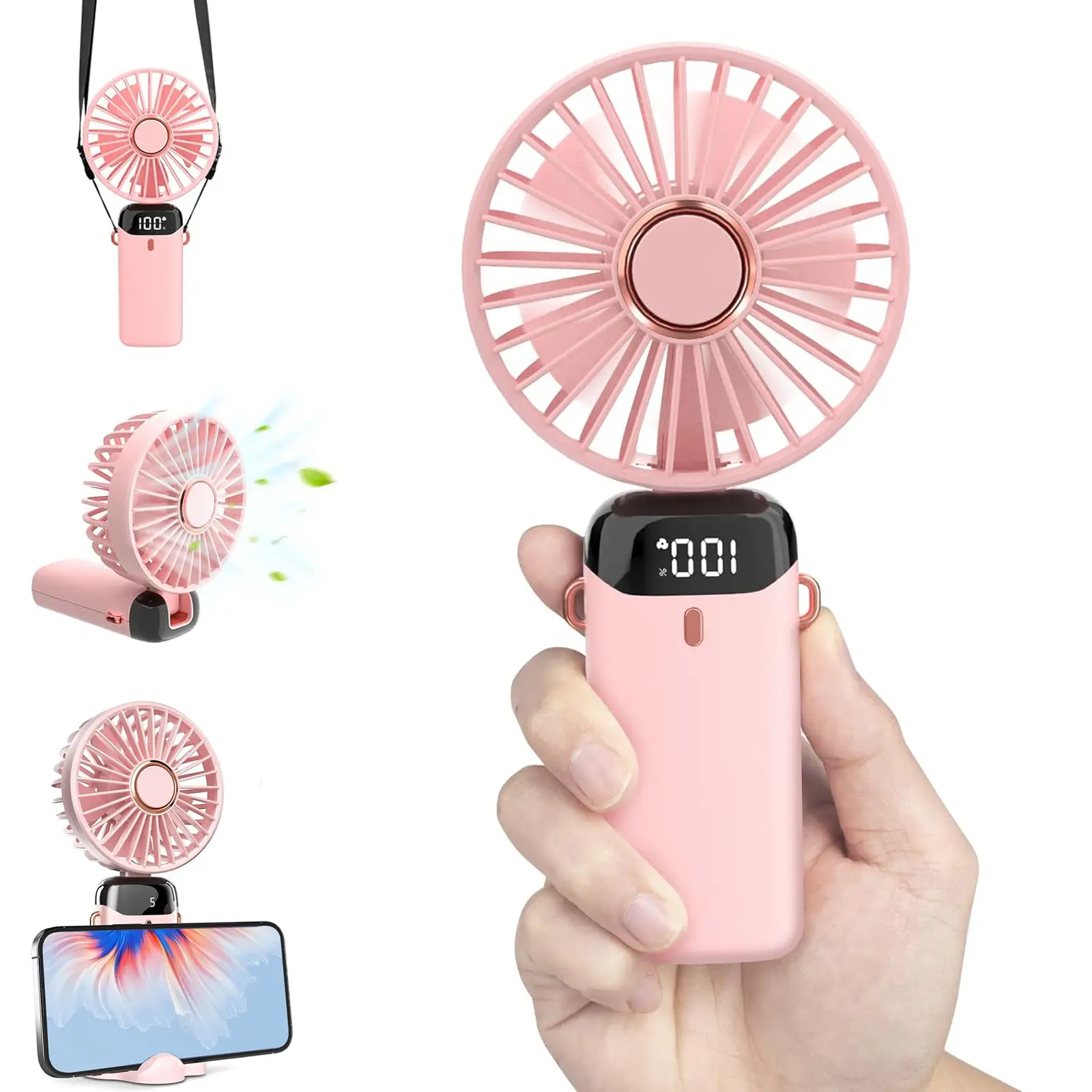 3-in-1 Multi-Function Fan, 5000mAh USB-C Rechargeable Mini Travel Fan, Adjustable Lanyard and Bracket ,18 Hours, Digital Display, 5 Speeds, for Trave