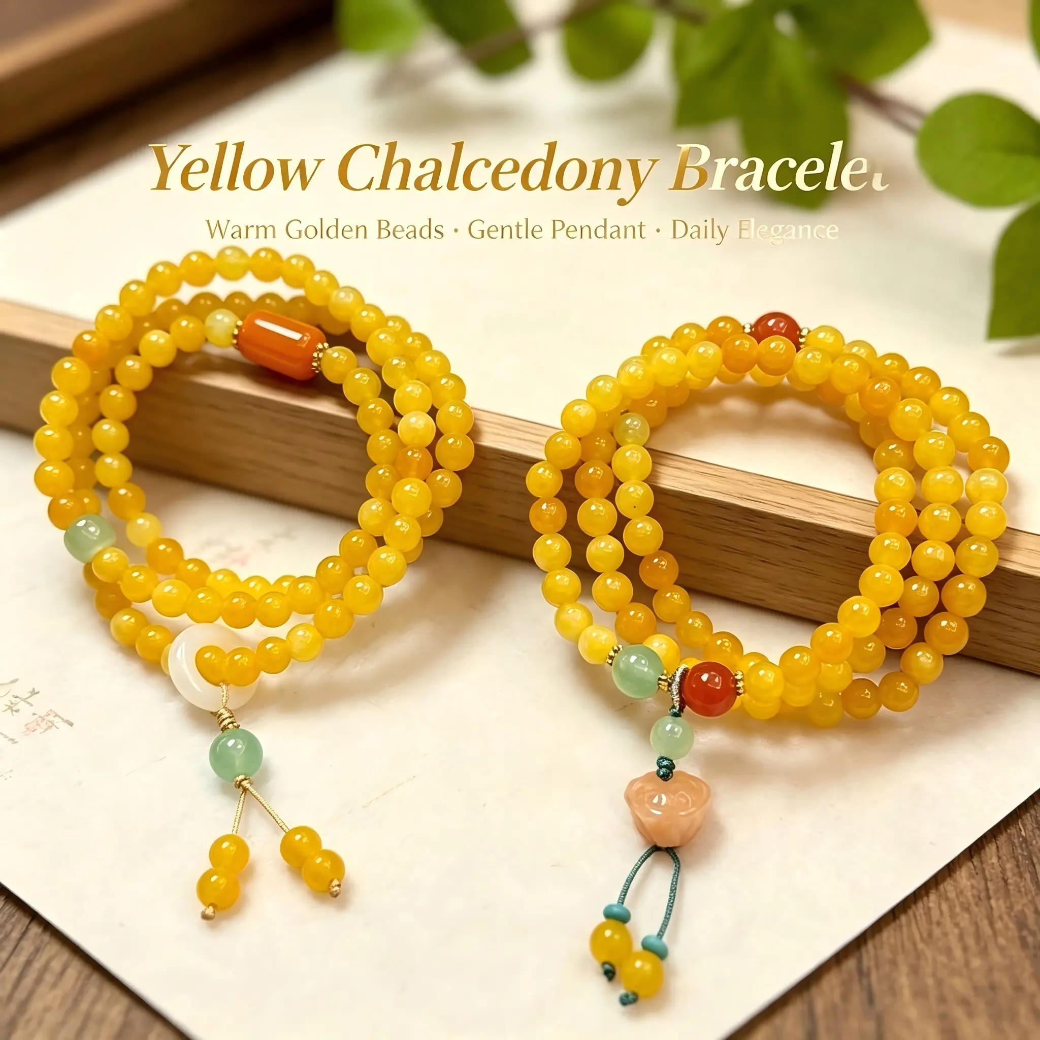Glossy Yellow Polished Stone Bead Multi-Row Bracelet, Traditional Oriental Stone Craft Collectible Ornament, Wearable Hand String with Handmade Pendant