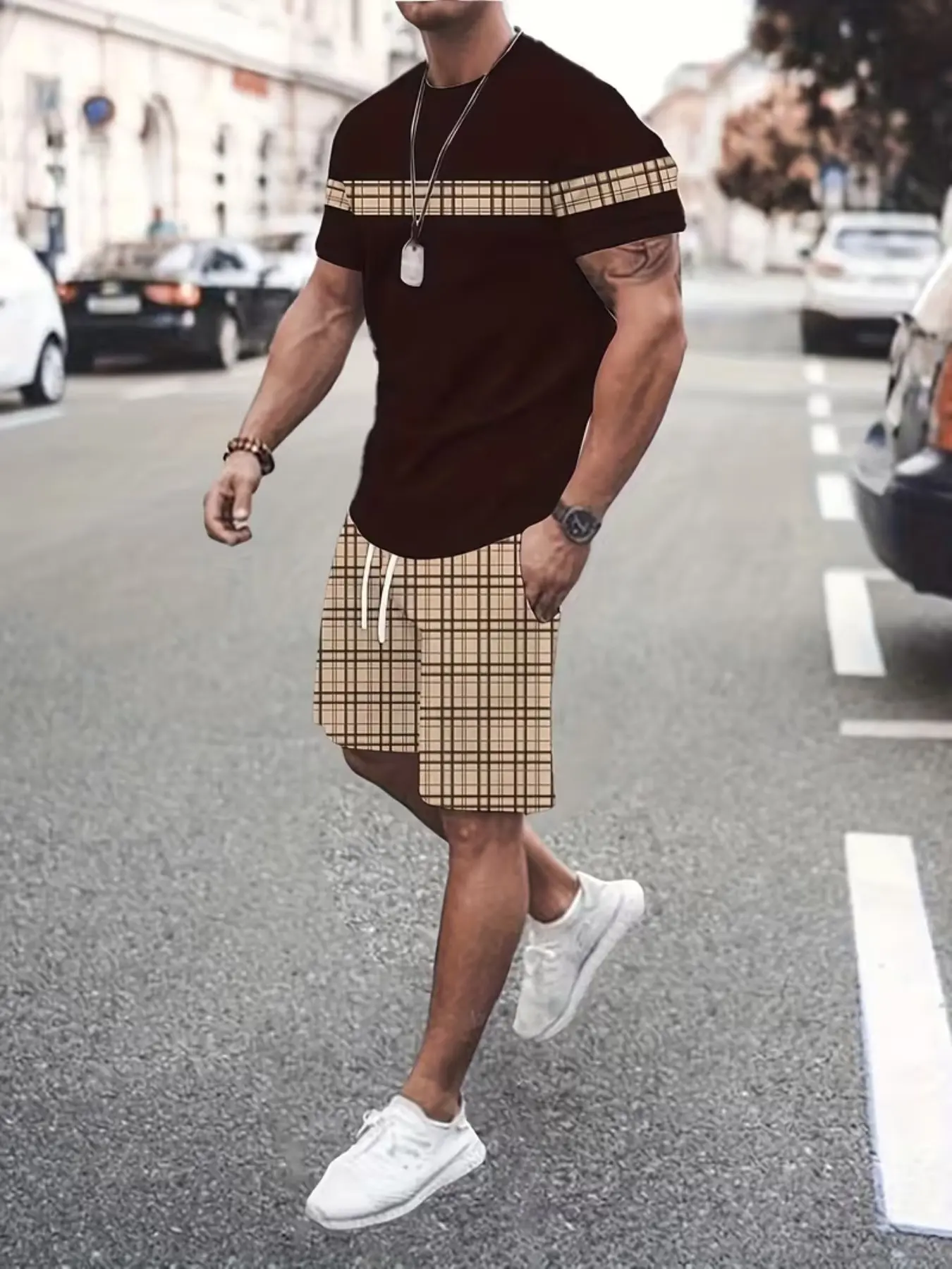 Men's Summer Geometric Print Two-Piece Set, Round Neck Short Sleeve Fabric T-Shirt & Drawstring Pocket Shorts, Casual Outdoor Sportswear