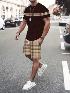 Men's Summer Geometric Print Two-Piece Set, Round Neck Short Sleeve Fabric T-Shirt & Drawstring Pocket Shorts, Casual Outdoor Sportswear