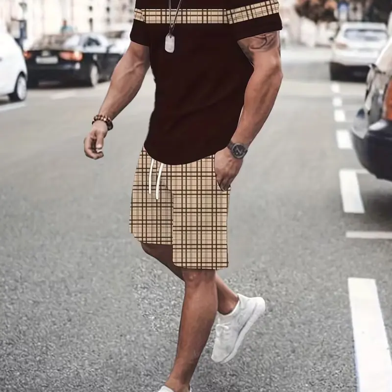 Men's Summer Geometric Checked Print Plaid Two-Piece Set, Round Neck Short Sleeve Knit Fabric T-Shirt & Drawstring Pocket Shorts, Casual Outdoor Sportswear