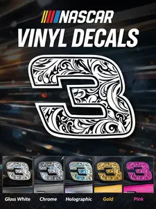 NASCAR Style Racing Number Vinyl Decal 48/24/8/20/9/3 Car Window Sticker 5 Color Options Gloss White Chrome Holographic Gold Pink Premium Weatherproof UV Resistant
