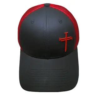 Cross of Nails in Red on Trucker Black Cap with Red Mesh Back