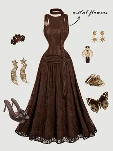 Elegant Lace Sleeveless Dress, Vintage Victorian Style, Halloween Costume, Party Gown, Evening Dress with Pin and Ribbon