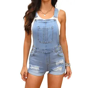 [US Shipping] MW Shiny Women's Slim-Fit Denim Jumpsuit with Ripped Details Stretch Fabric & Decorative Buttons Fashionable Style Crew Neck Sleeveless Romper