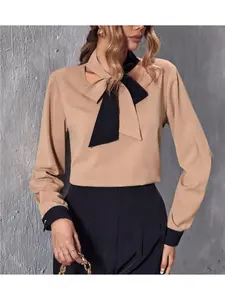 A ladies' khaki button-down Fitted Woven blouse shirt tops with a bow tie is perfect for elegant business attire and versatile wear.