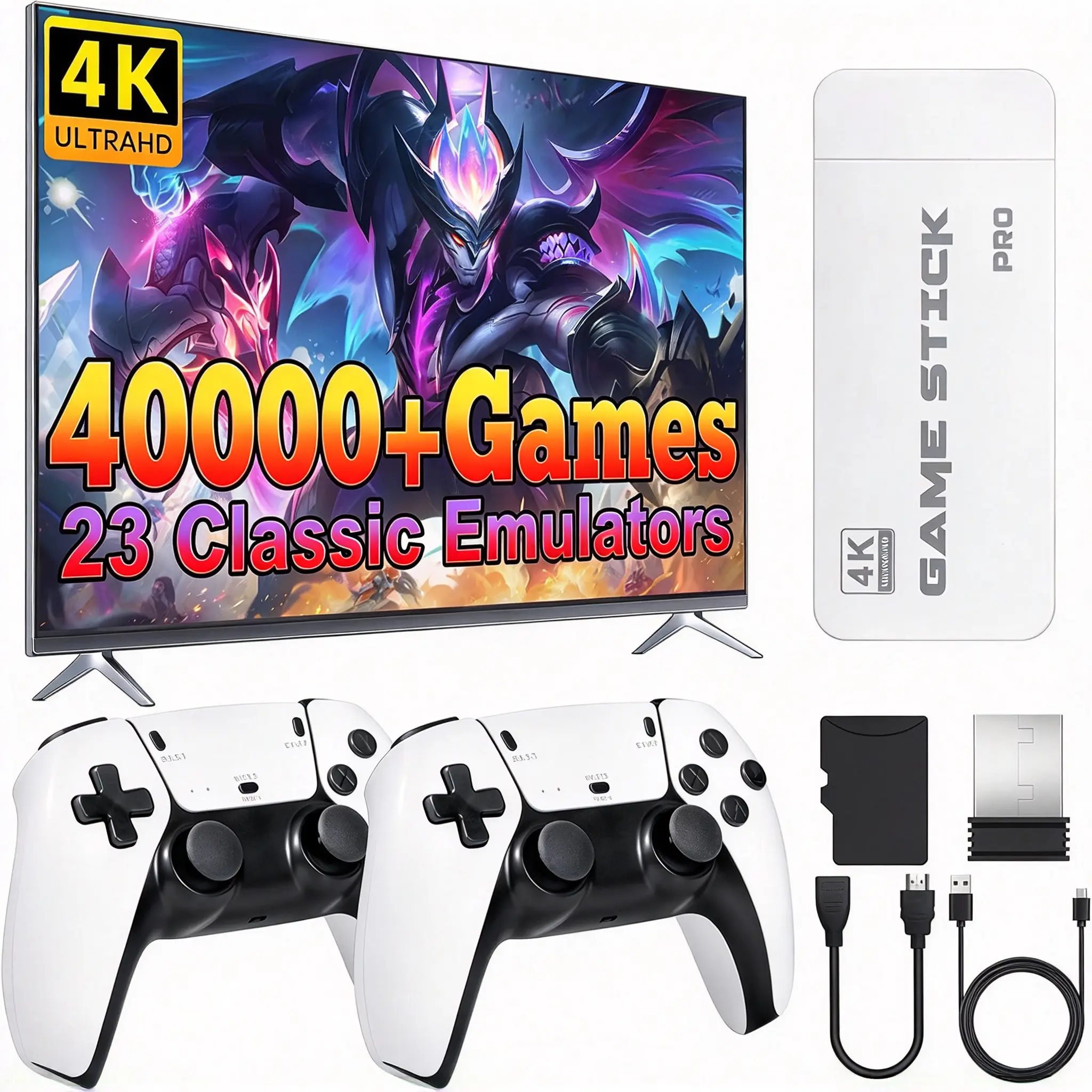 2026 Retro Game Stick Console, 40000+ Built-in Games, 23 Emulators, Dual Wireless Controllers, HDMI for TV & Projector, Christmas Thanksgiving Halloween Gift for Boyfriend