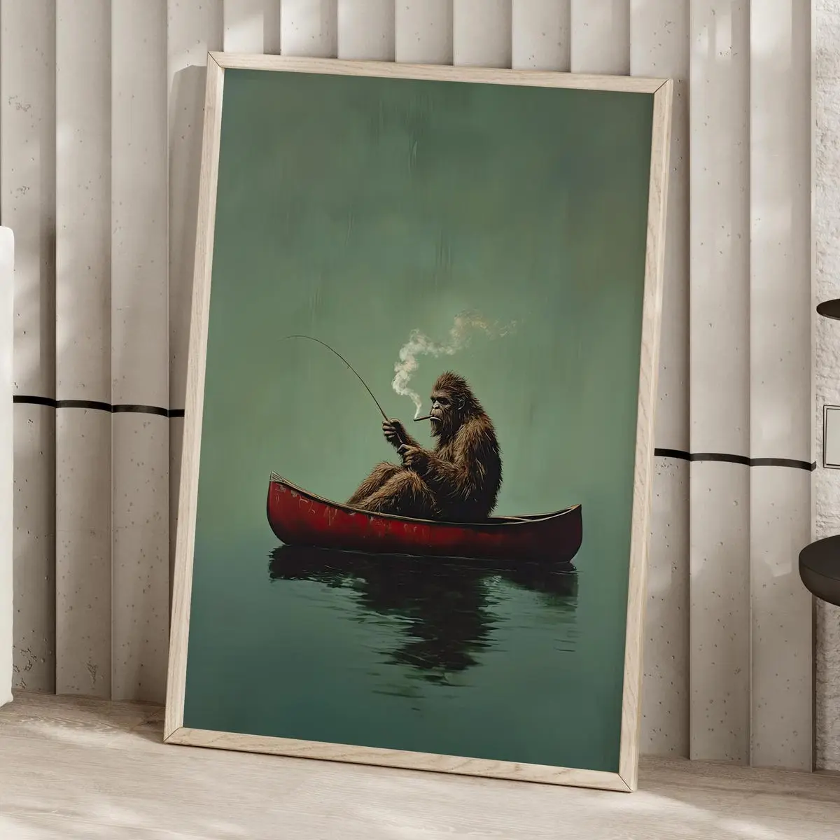 Funny Poster, Bigfoot on a Red Canoe Fishing Retro Art Poster Print, Whimsical Sasquatch Wall Art, Lake House Room Decor Unframed