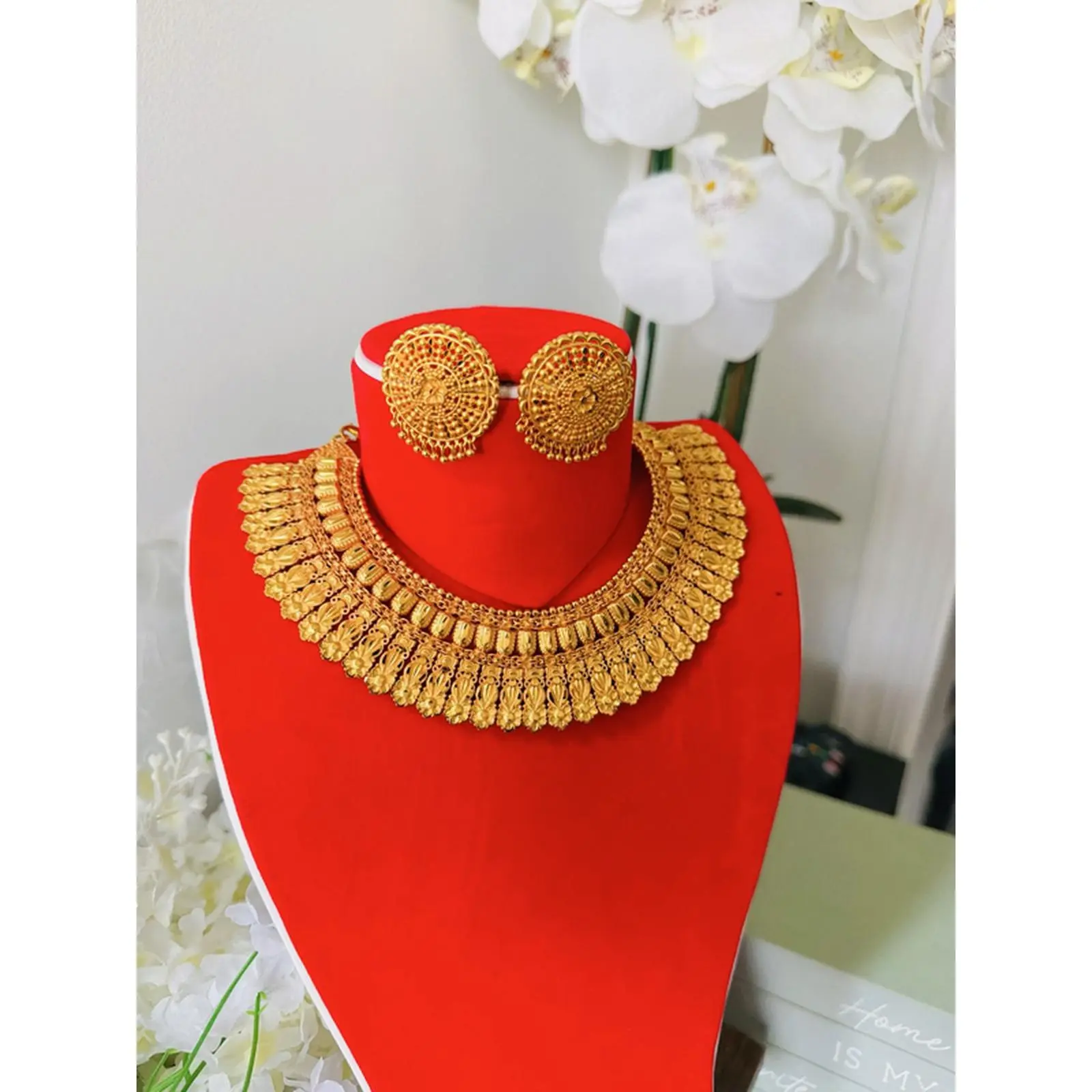 Gold Tone Heavy Work Short Necklace with Matching Bell Studs for Elegant Look