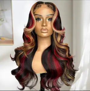 Body Wave Black Red Blonde Highlilight Colored Lace Frontal Wig Pre Plucked 180% Density 13x4 HD Transpare Lace Front Wig with Baby Hair Human Hair Wigs Easy To Install Can Be Restyled Body Wave for Women