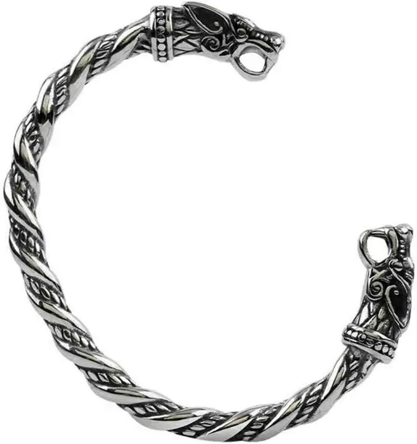 Viking Wolf Fenrir Bangle - Adjustable Stainless Steel Norse Scandinavian Torc