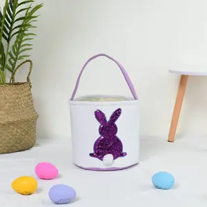 Embroidered Sequin Bunny Easter Tote Basket, Cotton Bucket Bag for Egg Hunt, Candy and Gift Storage, Creative Seasonal Holiday Basket