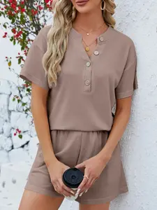 Casual Button Detail Ribbed Top and Shorts Two-Piece Set