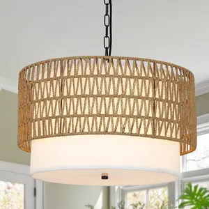 YYDS Farmhouse Chandeliers for Dining Room,5-Light Rattan Boho Chandelier Light Fixture with Fabric Shade,Hand Woven Large Rattan Dining Room Light Fixture for Kitchen Bedroom Island Hallway