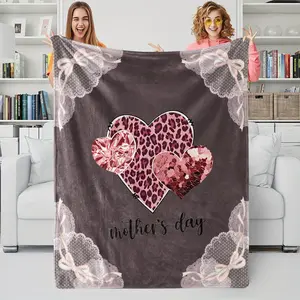 Mother's Day Limited Edition Leopard Heart Lace Bow Flannel Blanket, Sofa Bedroom All Seasons Suitable, Sweet Gift