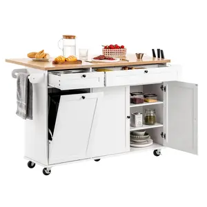 VEVOR Kitchen Island Cart with Storage,  60in Wide Mobile Kitchen Cart with Wheels, Drop Leaf, 2 Drawers, Trash Can Cabinet, Knife Holder, Spice Rack, and Towel Rack, Table for Dining Room, Pantry