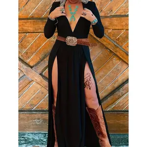 Elegant Women's Maxi Dress - Comfortable Polyester V-Neck with Side Split, Casual Fit, Flare Knit Fabric, Solid Color, Summer Black Womenswear Spandex Long Sleeve