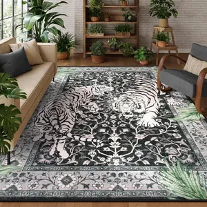 Tiger & Plants Pattern Carpet, Non-slip Washable Floor Mat, Decorative Area Rug for Home Living Room Bedroom Study Room, Animal Printed Rug, Boho Style Rug