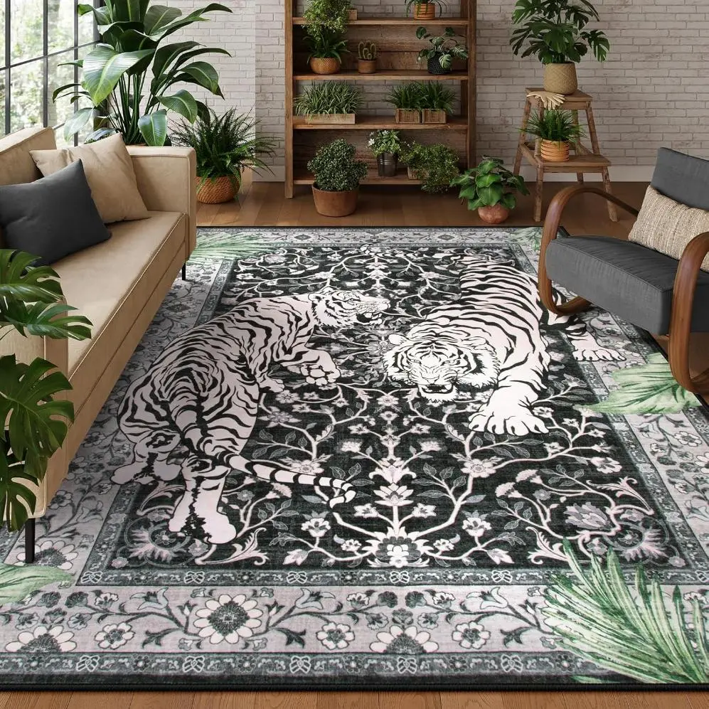 Tiger & Plants Pattern Carpet, Non-slip Washable Floor Mat, Decorative Area Rug for Home Living Room Bedroom Study Room, Animal Printed Rug, Boho Style Rug, Boho Washable Rugs