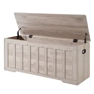 Extra Large Storage Chest, Wooden Storage Bench with 2 Safety Hinges, Multi-Purpose Trunk for Bedroom, Living Room & Entryway, Shoe Bench Organizer, Greige Finish