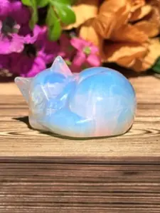 Opal Opalite Cat Statue, Crystal Sleeping Cat Figurine, Gemstone Ornament, Handcrafted Home Decor, Unique Gift Idea, Desktop Statue