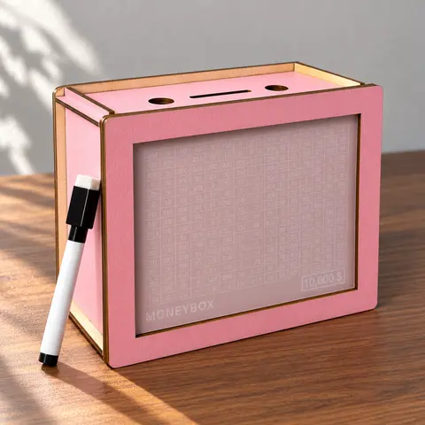 Wooden Piggy Bank - Cash Saving Box with 10,000 USD Target, Kid-Ready Countdown Number Print Progress Tracker, Home Decor for Kids