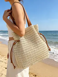 Beach Vacation Style Woven Bucket Bag, Fresh Knit Drawstring Design, Casual Versatile Shoulder Bag for Beach Holiday, Casual Tote Bag
