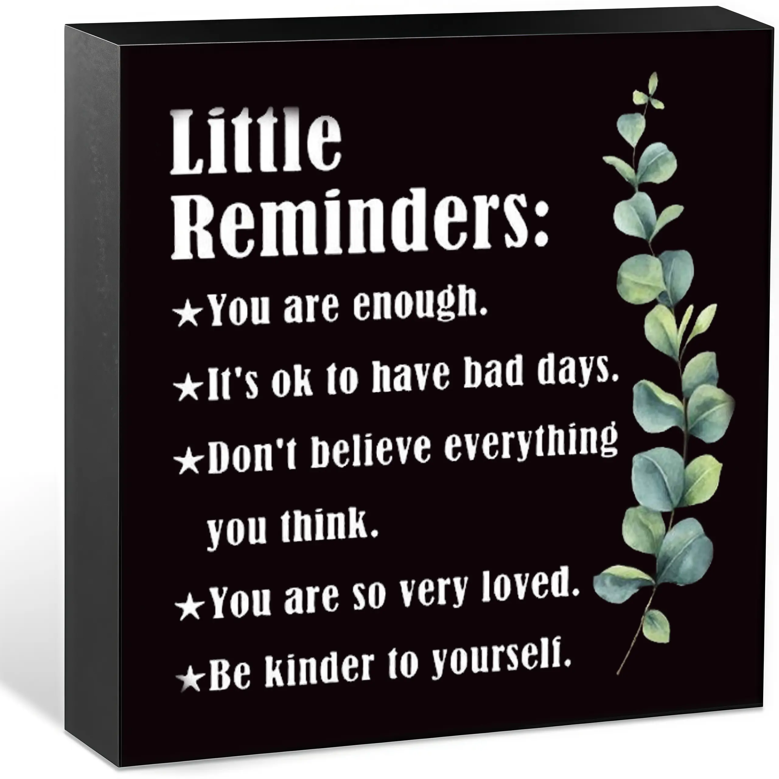Positive Affirmations Wooden Box Sign Inspirational Self Care Tabletop Decor with Eucalyptus Design Freestanding Motivational Plaque for Home Office Desk Birthday Thanksgiving Christmas Encouragement Gift