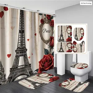 1/3/4PCS Valentine's Day with Eiffel Tower and Roses Shower Curtain Set with Rugs, Non Slip Bath Mat, U-Shape Carpet, Toilet Lid Cover, Bathtub Curtain Accessories, 12 Hooks, Home Bathroom Festival Decor