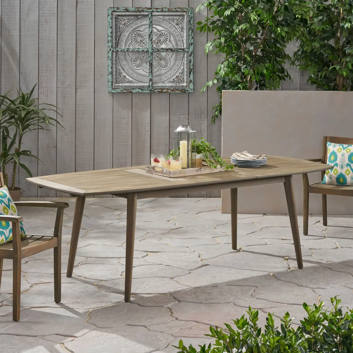 Rustic Traditional Acacia Wood Expandable Outdoor Dining Table - Gray, 71.0 in Closed, 94.50 in Expanded, Patio Use, 300lbs Capacity, Large, Durable, Multi-Seat, 94.50 Inches Expanded, Large Outdoor Tables