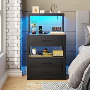 Sikaic Nightstand with Charging Station and LED Lights, LED Night Stand with 2 USB Ports and 2 AC Outlets, Modern End Table with 3 Drawers, Bedside Table with Open Storage for Bedroom, Black